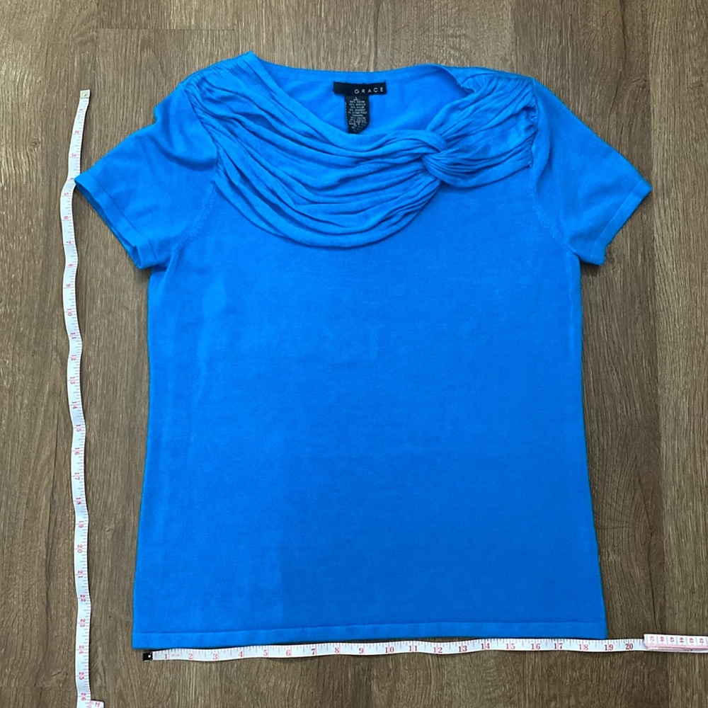Grace large deep sky blue knitted blouse with cross neckline